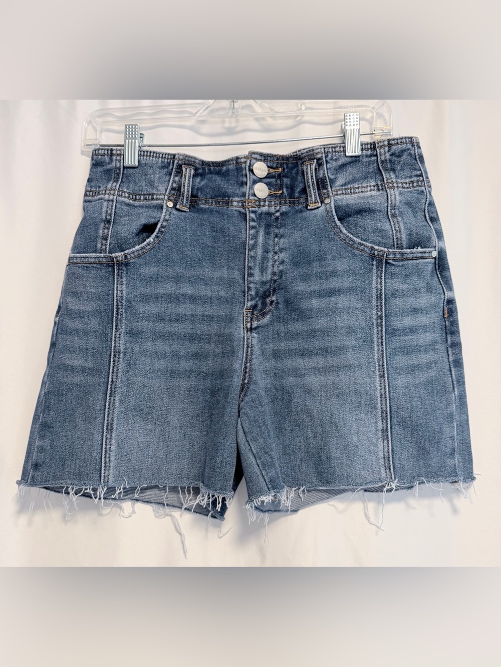 Risen Denim Freckled Poppy High Rise Jean Shorts 30” Stretch Distressed Denim